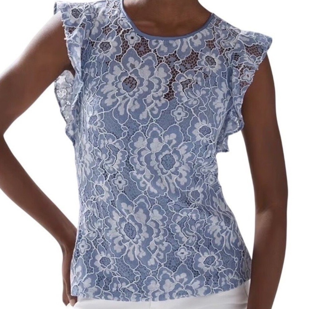 WHITE HOUSE BLACK MARKET Denim Blue Ecru Lace Flutter Sleeve Top NWT $99 Size 4